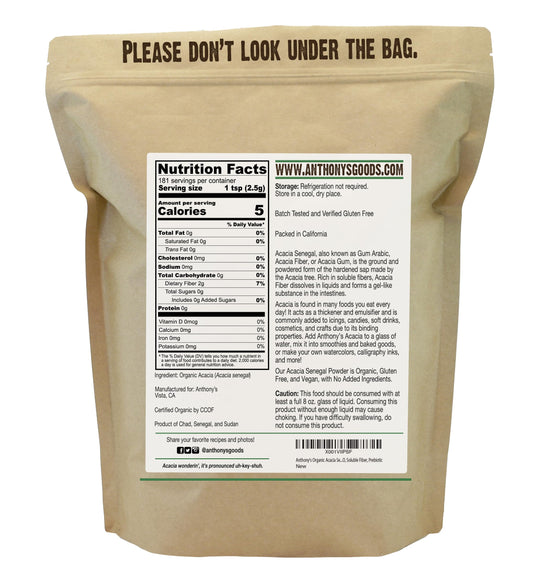 Back nutrition panel of Anthony's Organic Acacia Senegal Powder 1 lb