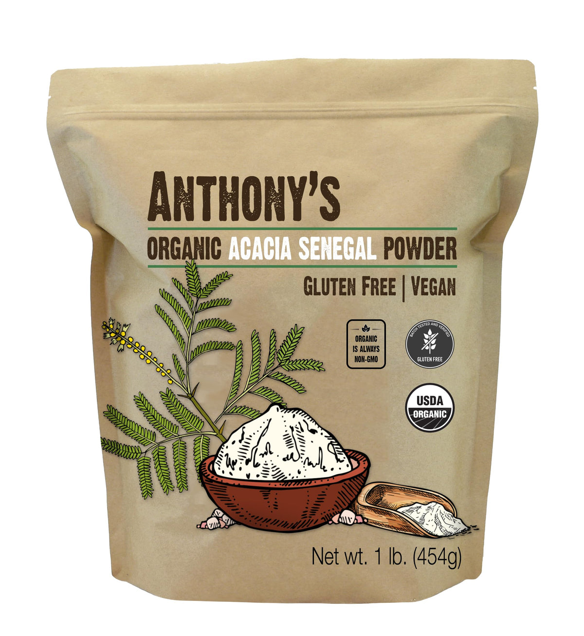Front view of Anthony's Organic Acacia Senegal Powder 1 lb