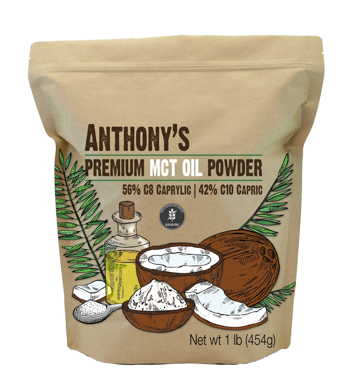 Anthony's MCT Oil Powder label with 56% C8 and 42% C10 caprylic/capric acids on a 1 lb jar