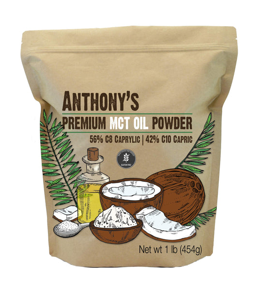 Anthony's MCT Oil Powder label with 56% C8 and 42% C10 caprylic/capric acids on a 1 lb jar