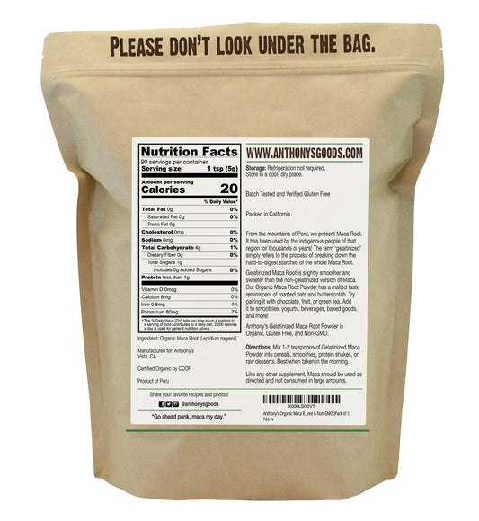 Anthony's Organic Maca Root Powder 1 lb gelatinized bottle