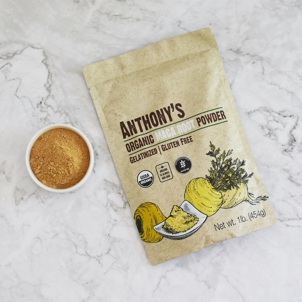 Ingredients label on Anthony's Organic Maca Root Powder 1 lb packaging