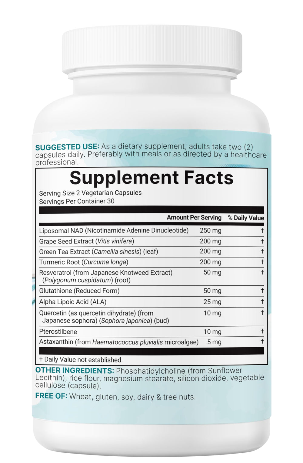 Product branding highlighting anti-aging, energy, and brain support