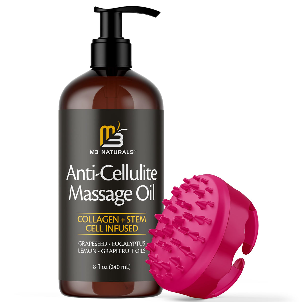 Anti Cellulite Massage Oil bottle with silicone body brush on white background.
