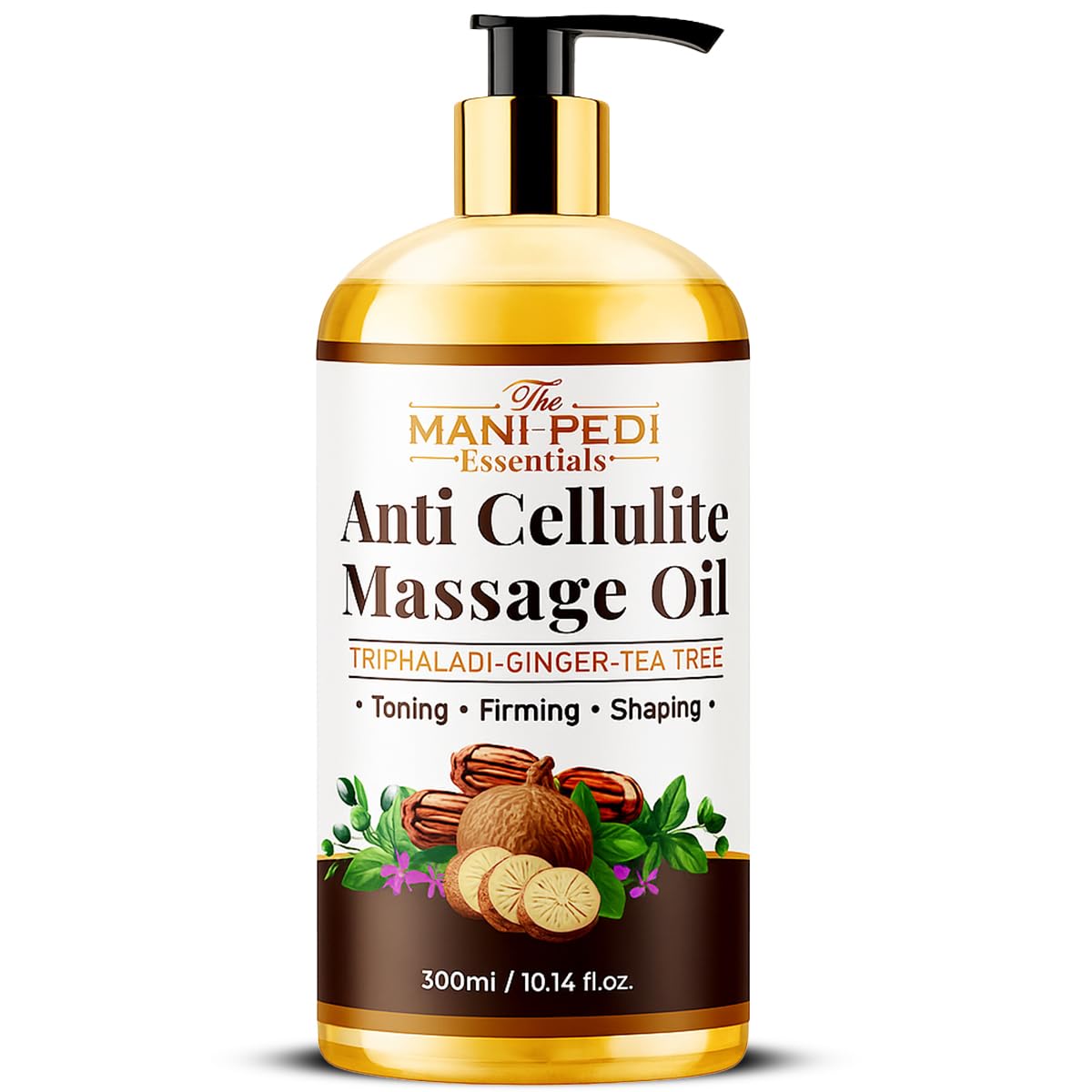 Bottle of anti-cellulite massage oil with ginger and tea tree oils