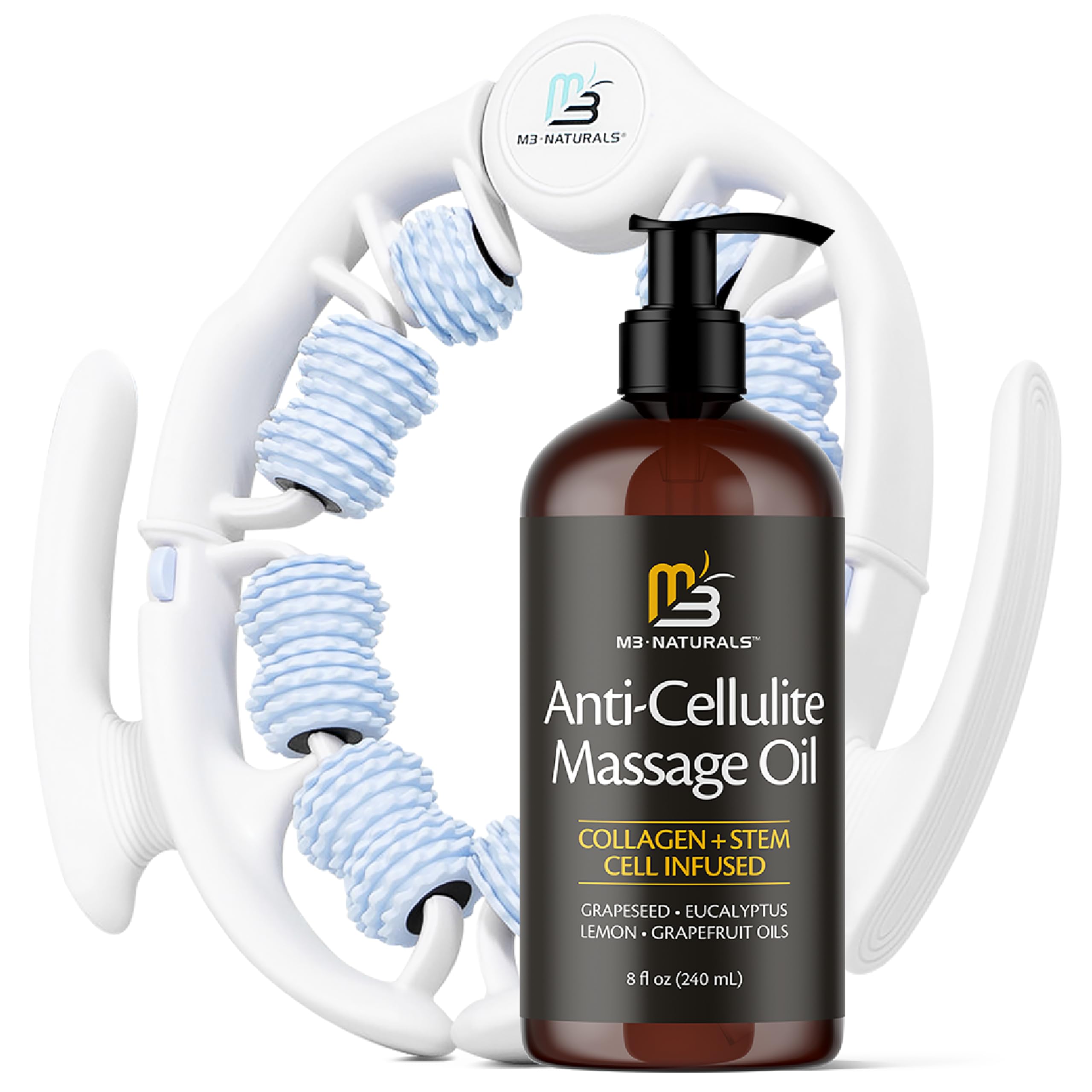 Anti cellulite oil and lymphatic drainage kit bottle and massager front view