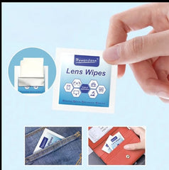 Person cleaning eyeglasses with anti-fog wipe