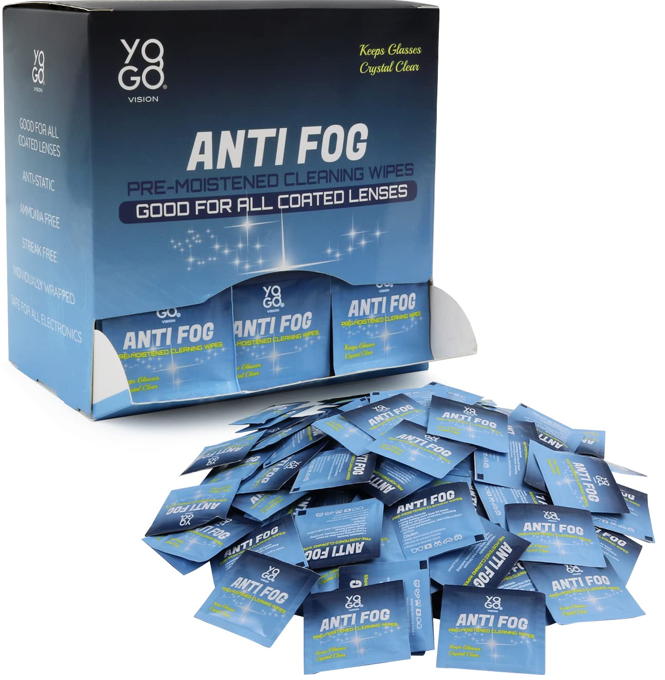 Box of anti-fog wipes for glasses and lenses