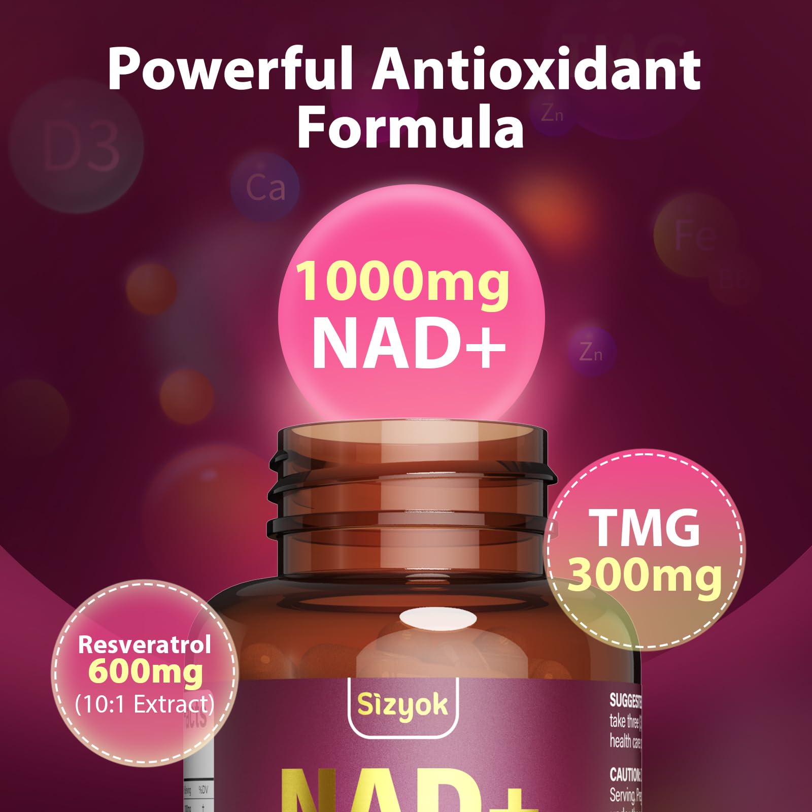 Graphic highlighting a 24-in-1 antioxidant formula for NAD+ product