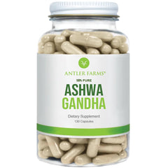 Antler Farms Ashwagandha bottle with 130 capsules, 1200mg per serving and 5% withanolides