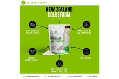 Antler Farms colostrum packaging close-up shows undiluted quality.