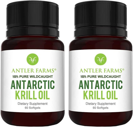 Front view of Antler Farms Krill Oil 60 softgels bottle