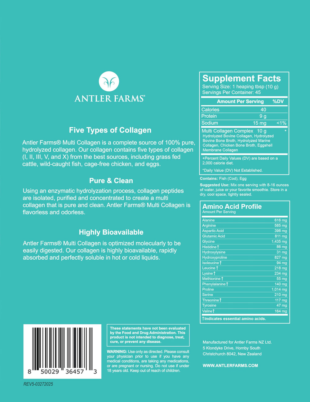 Ingredients graphic for Antler Farms Multi Collagen Powder