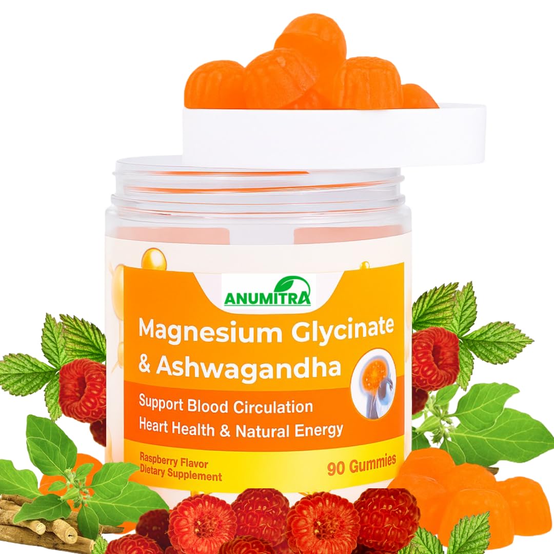 Front view of ANUMITRA Magnesium Glycinate + Ashwagandha Gummies Raspberry flavor bottle