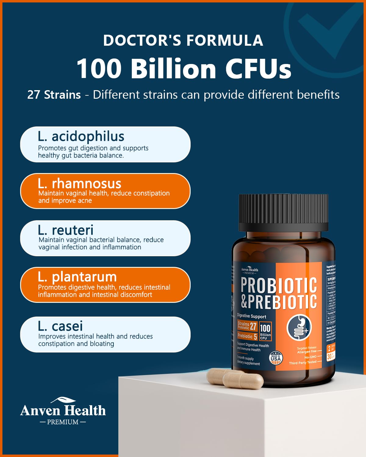 Anven Health 27 strains illustration highlights diverse probiotic support for gut flora.