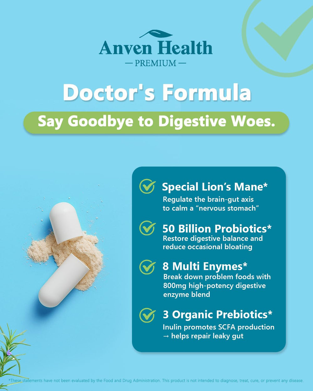 Graphic illustrating Anven Health's 8 digestive enzymes