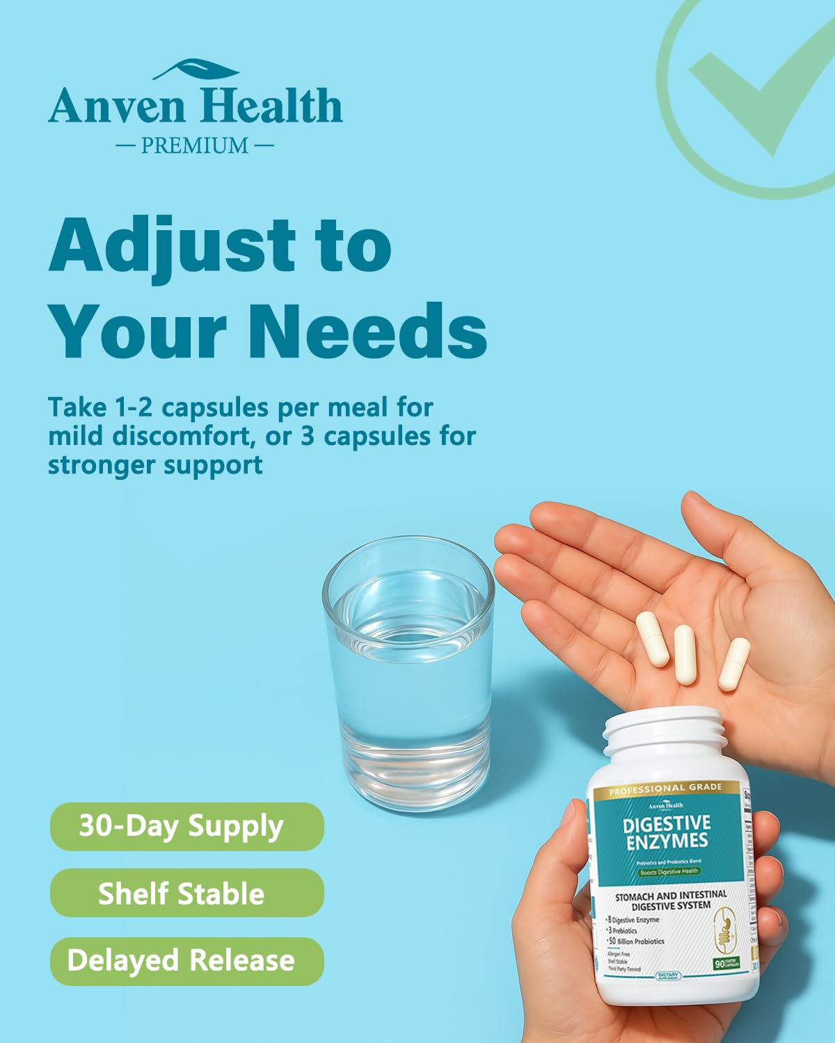 Dosing guide showing 1–2 or 3 capsules per meal