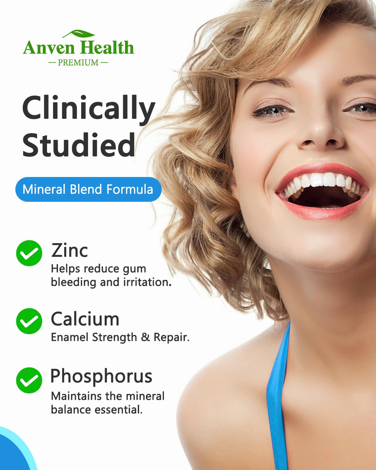 Illustration of calcium phosphorus zinc mineral blend for enamel and gum repair