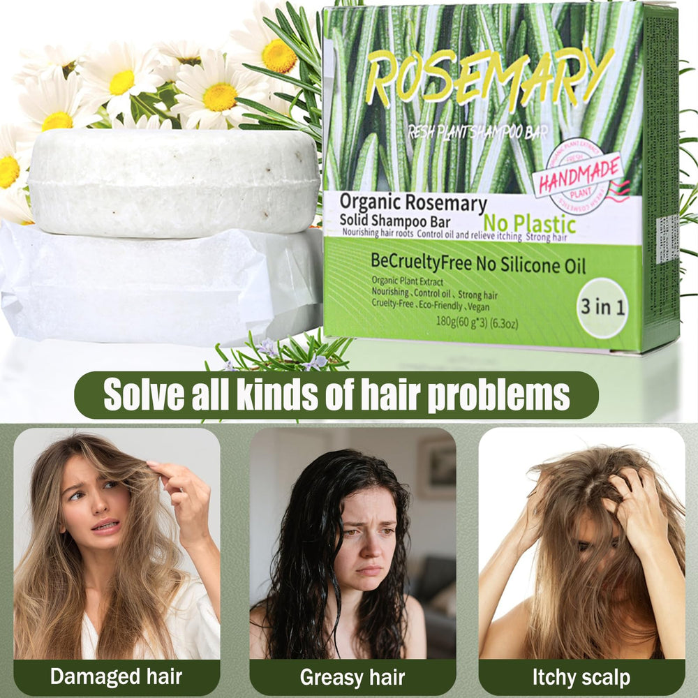 Anweina 3-pack Rosemary Shampoo Bar packaging highlights value and convenience.
