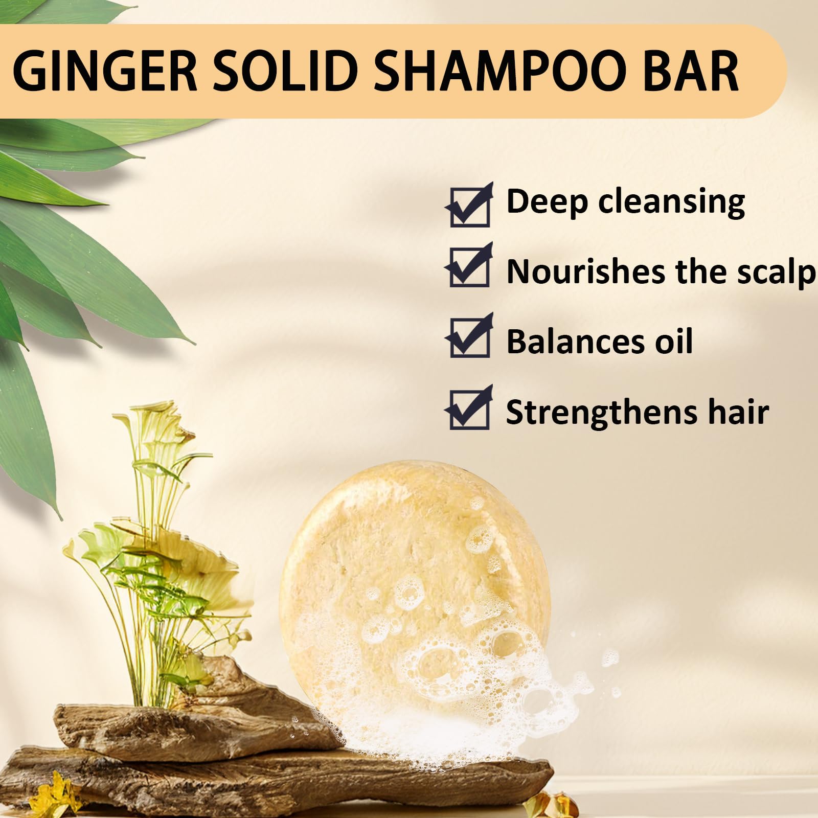 Anweina Ginger Hair Shampoo Bar 3-pack, back view, highlights natural ingredients