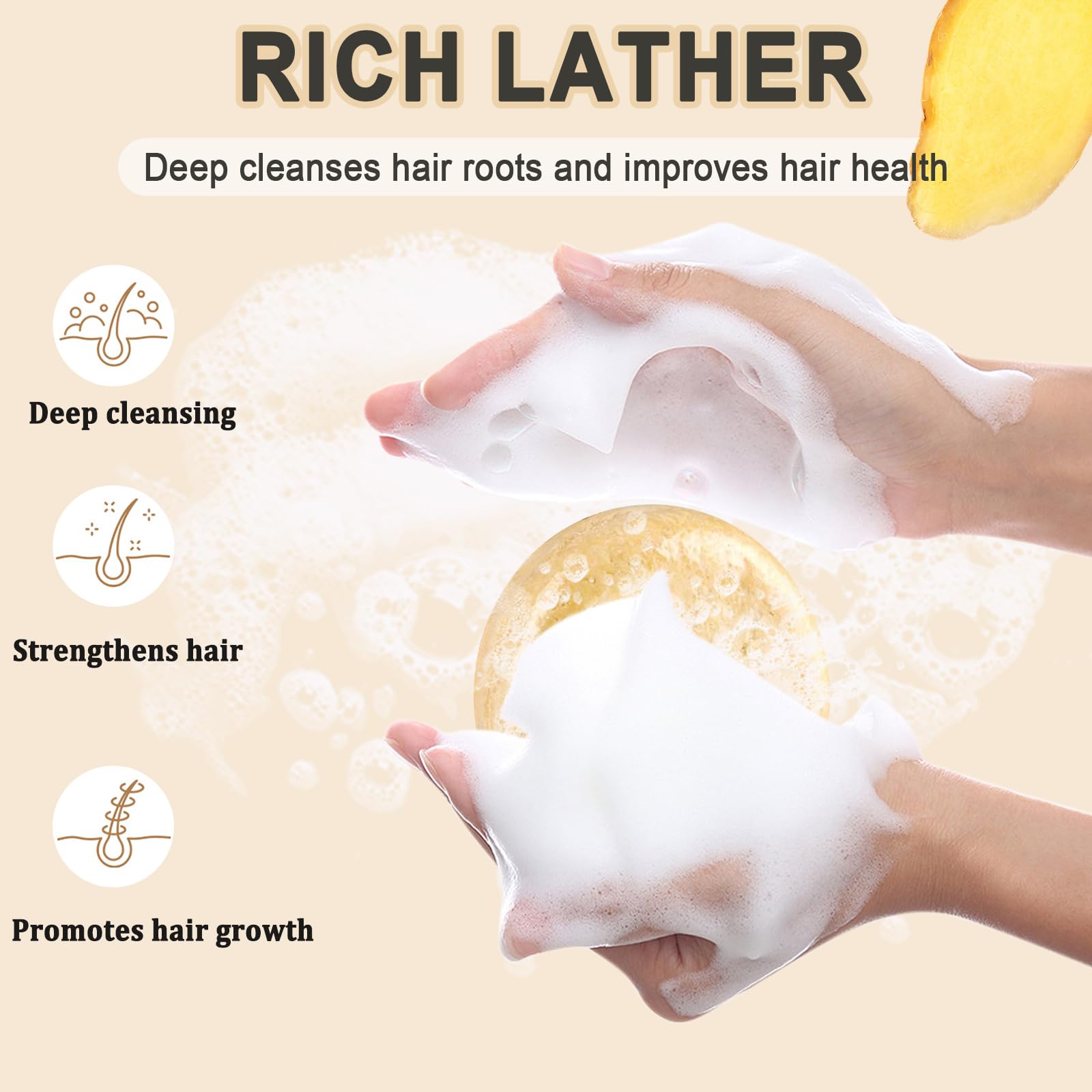 Anweina Ginger Hair Shampoo Bar, scalp massage scene, promotes gentle cleansing