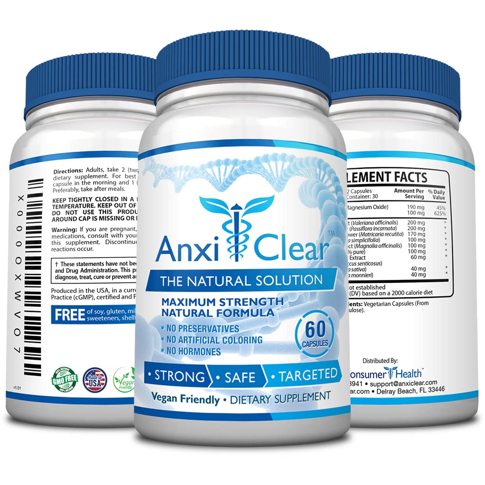 Close-up of AnxiClear label highlighting 5-HTP and L-theanine ingredients