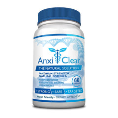Front view of AnxiClear Day Formula bottle, 60 capsules, Made in USA