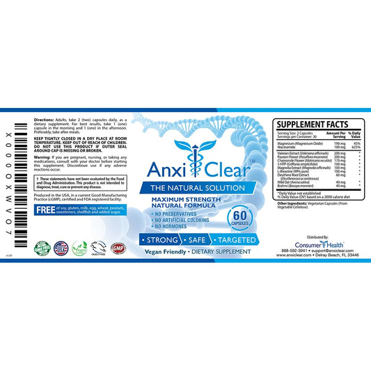 Label of AnxiClear Day Formula showing 60 capsules