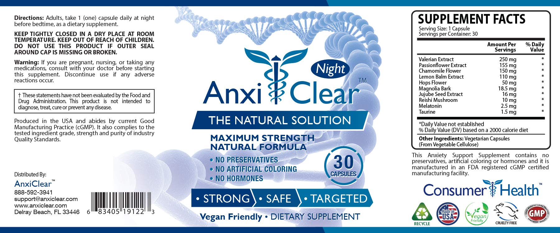 Close-up of AnxiClear ingredients showing 5-HTP, magnesium, and L-theanine