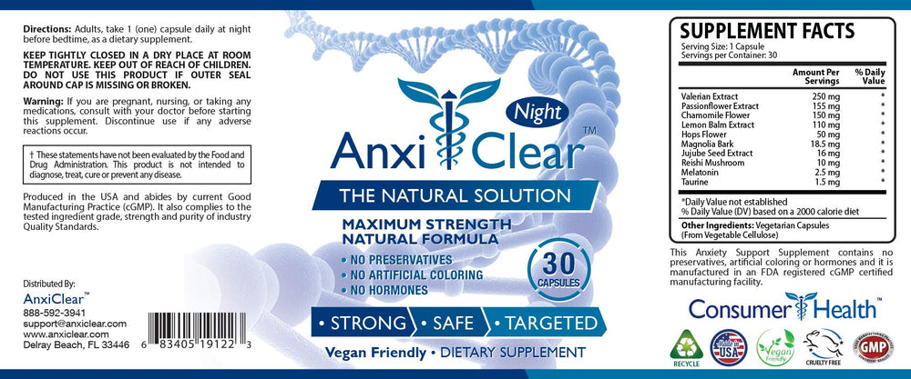 Close-up of AnxiClear ingredients showing 5-HTP, magnesium, and L-theanine