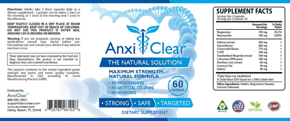 AnxiClear nighttime formula bottle designed for calming sleep