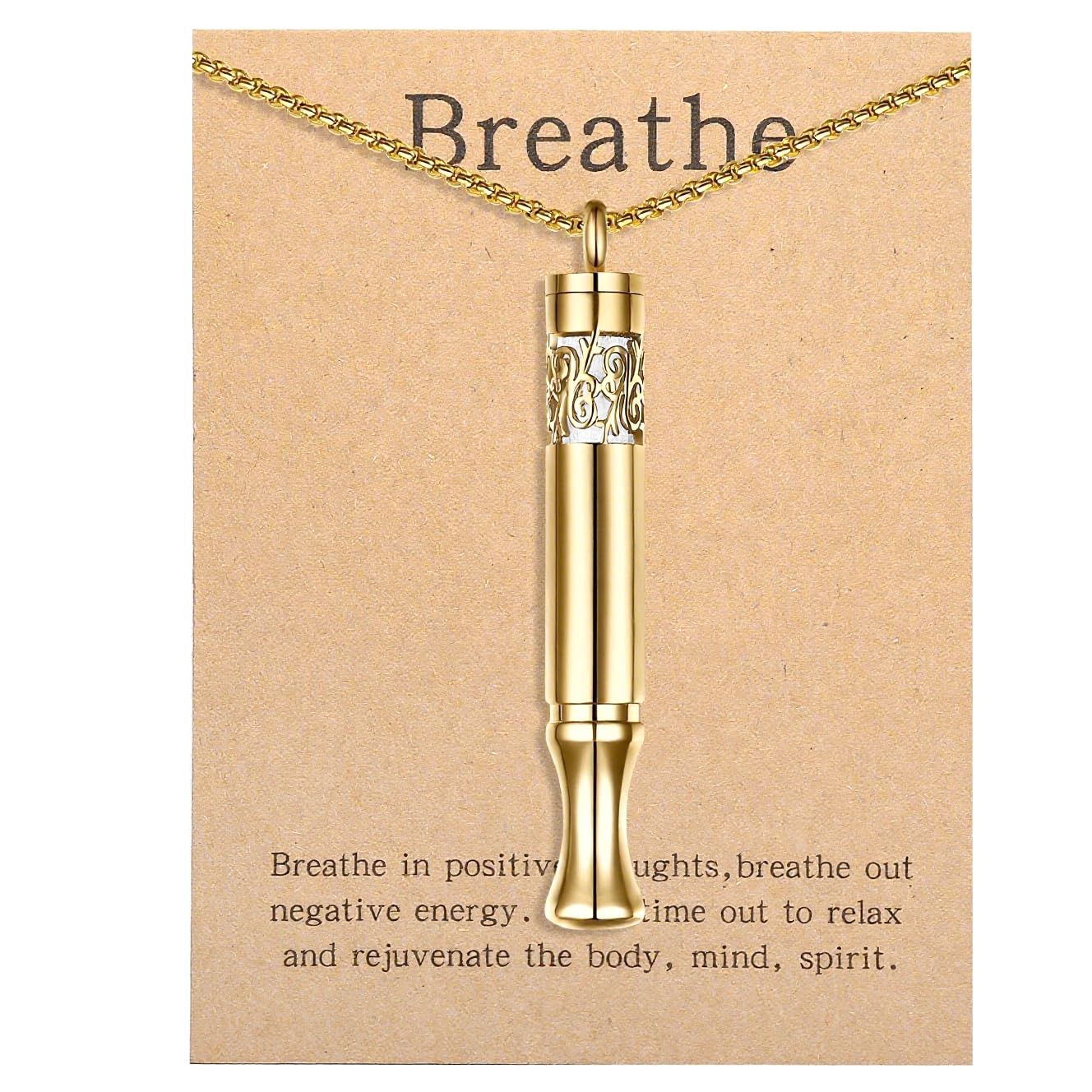 Gold-tone anxiety relief pendant front view mindfulness breathing necklace