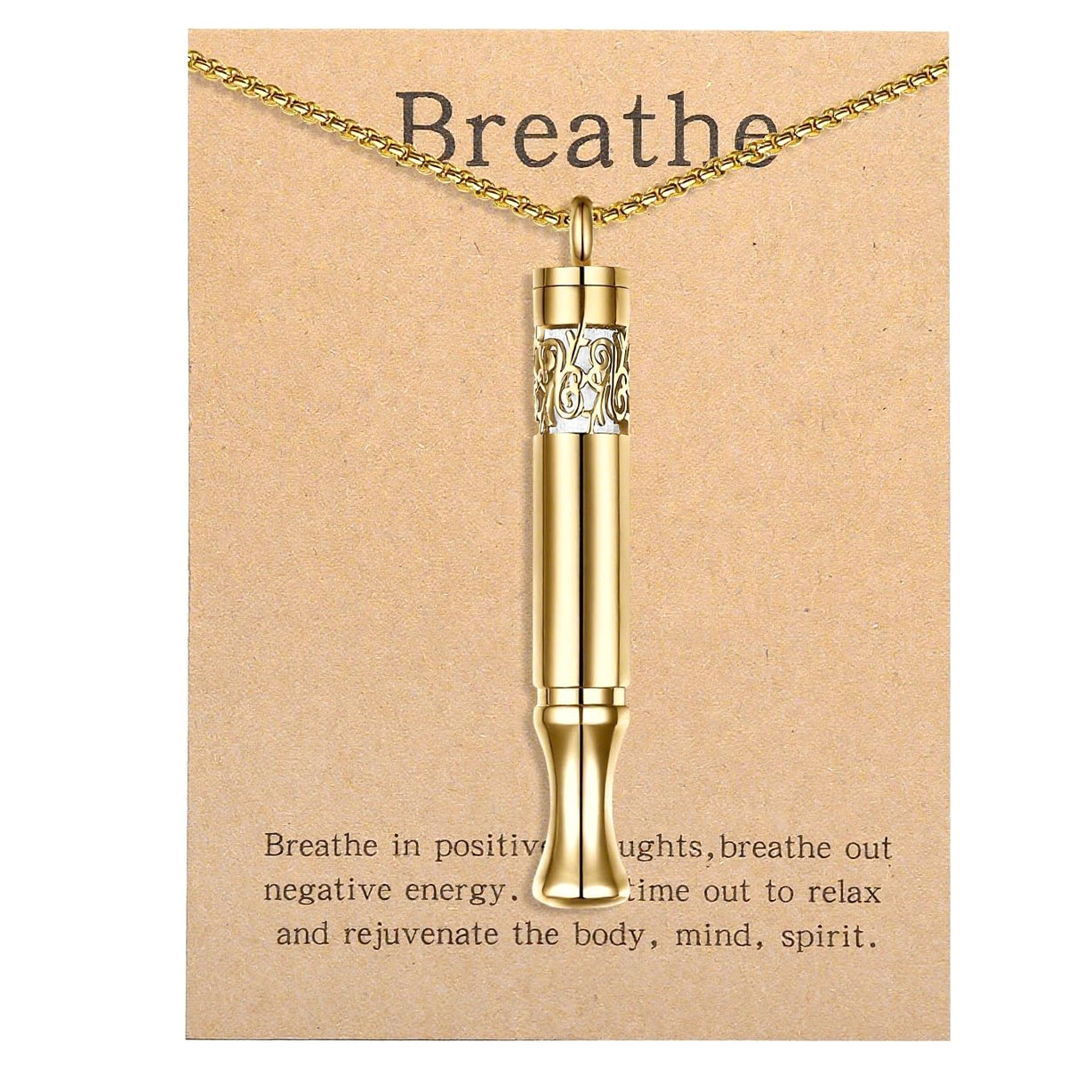 Gold-tone anxiety relief pendant front view mindfulness breathing necklace
