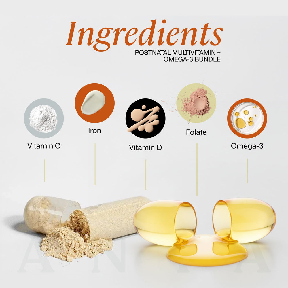 ANYA postnatal bundle DHA/EPA label emphasizes essential fatty acids.