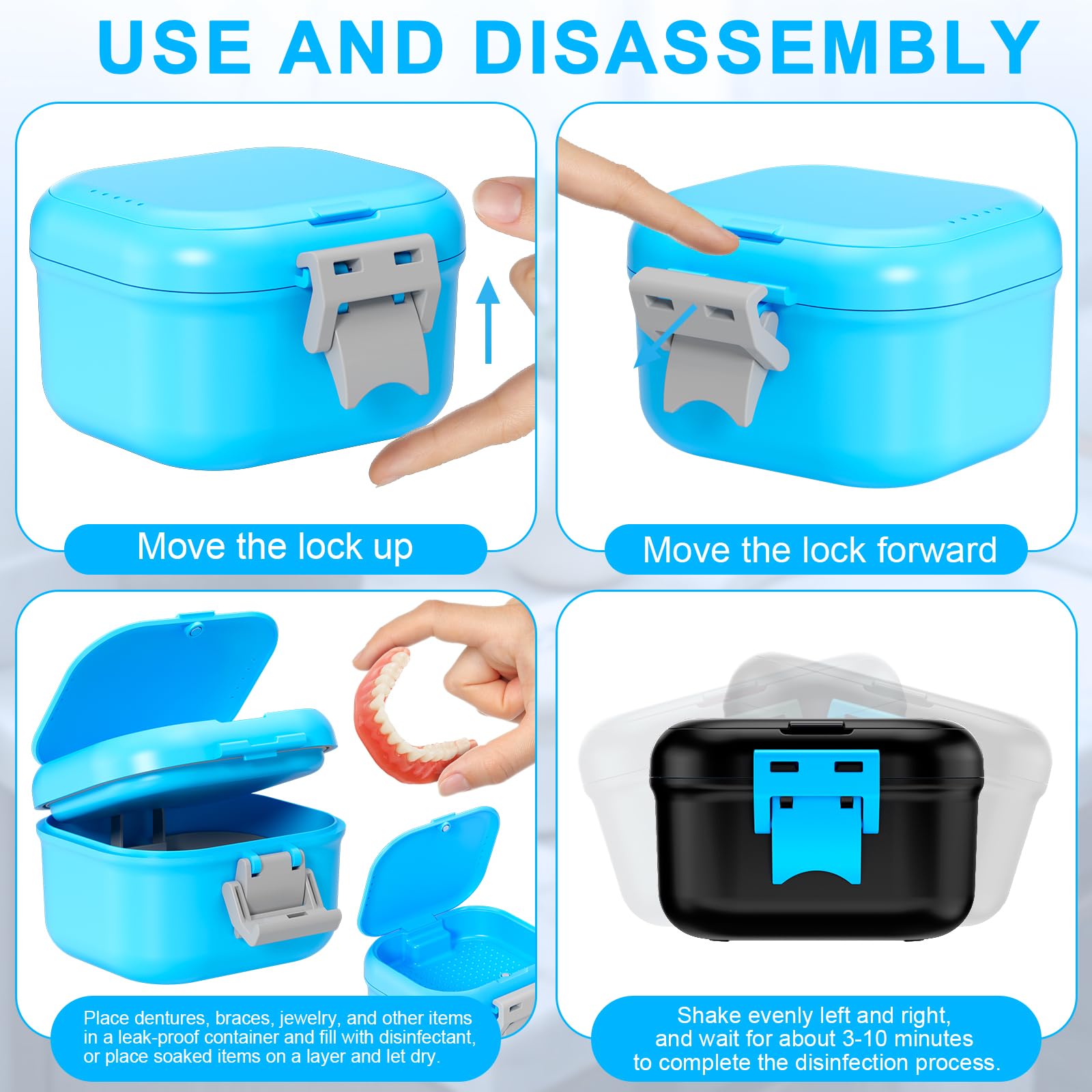 Denture case with dimensions 3.86 x 3.96 x 2.58 inches