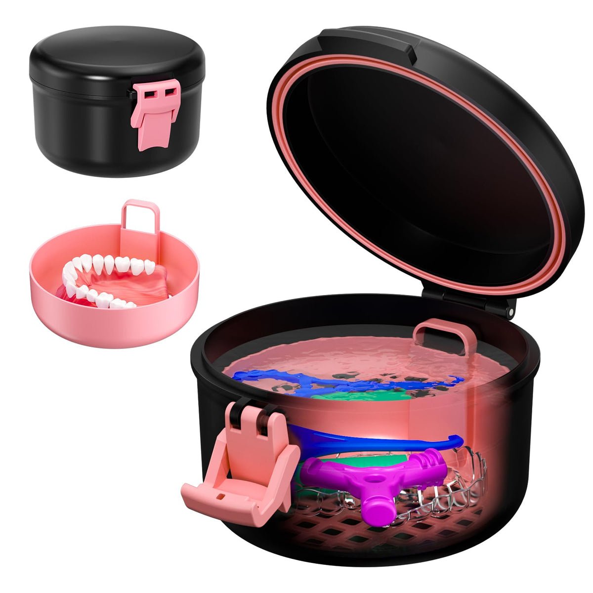 ANYLEY Denture Cup front view in Black and Pink