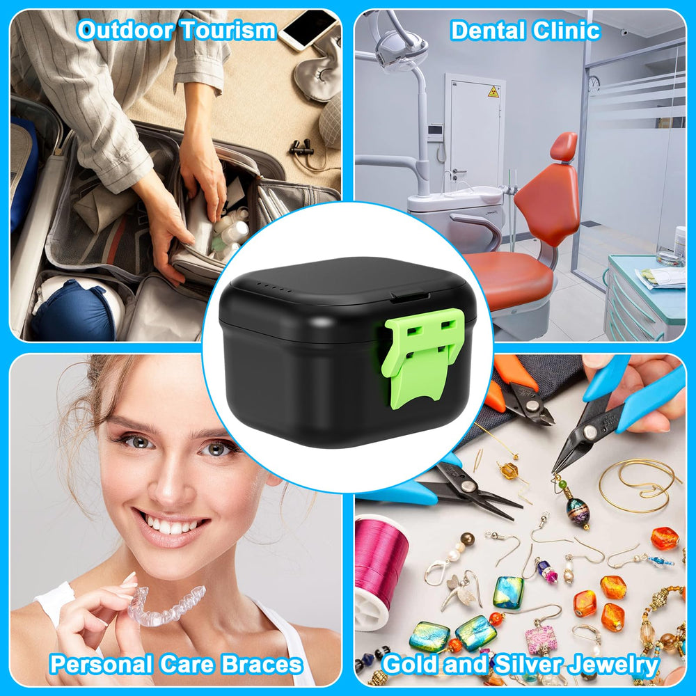 Portable denture case in black and light green