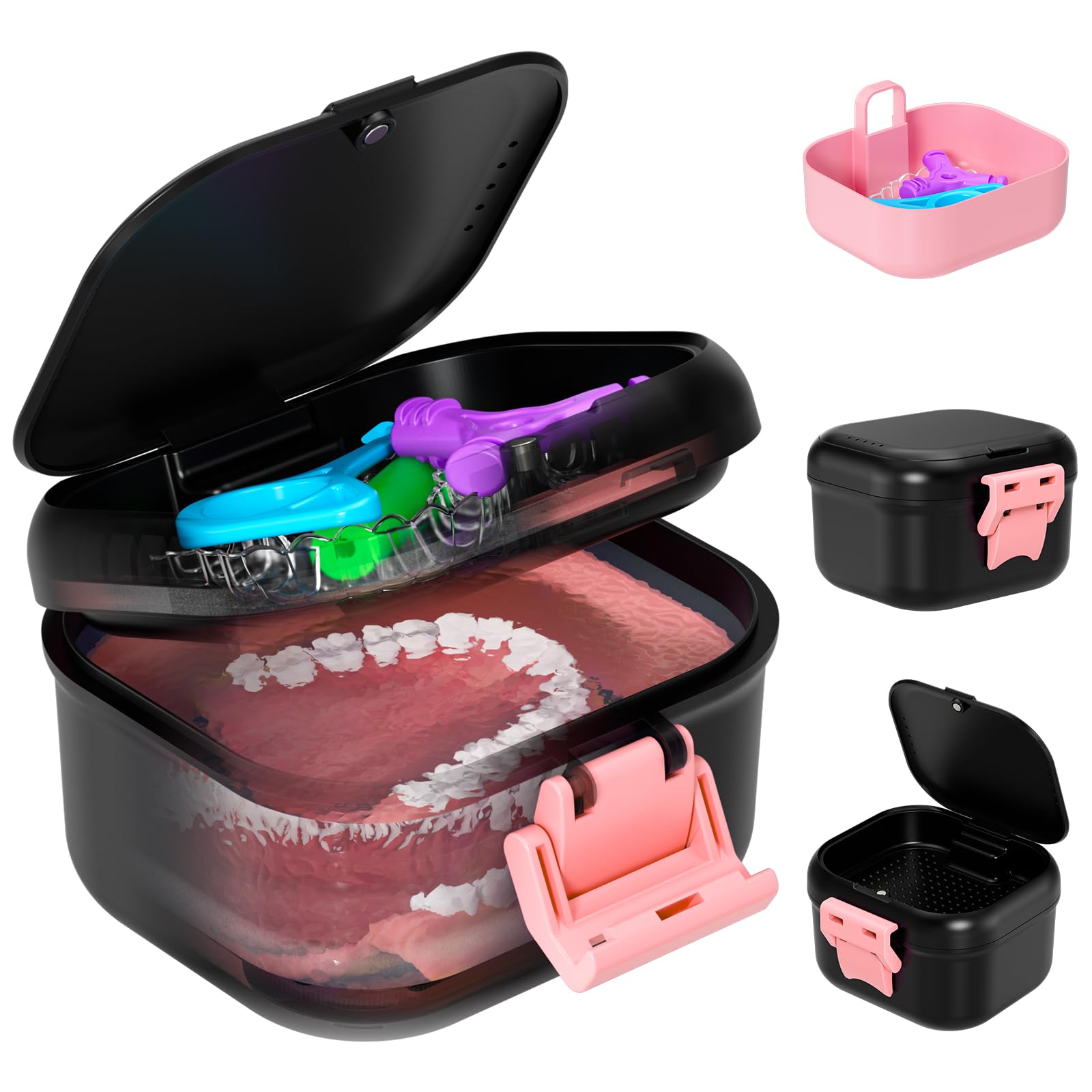 ANYLEY leak-proof denture case in black and pink – front view