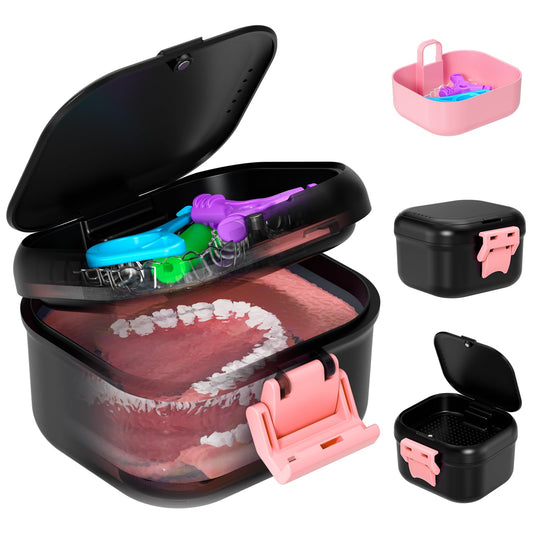 ANYLEY leak-proof denture case in black and pink – front view