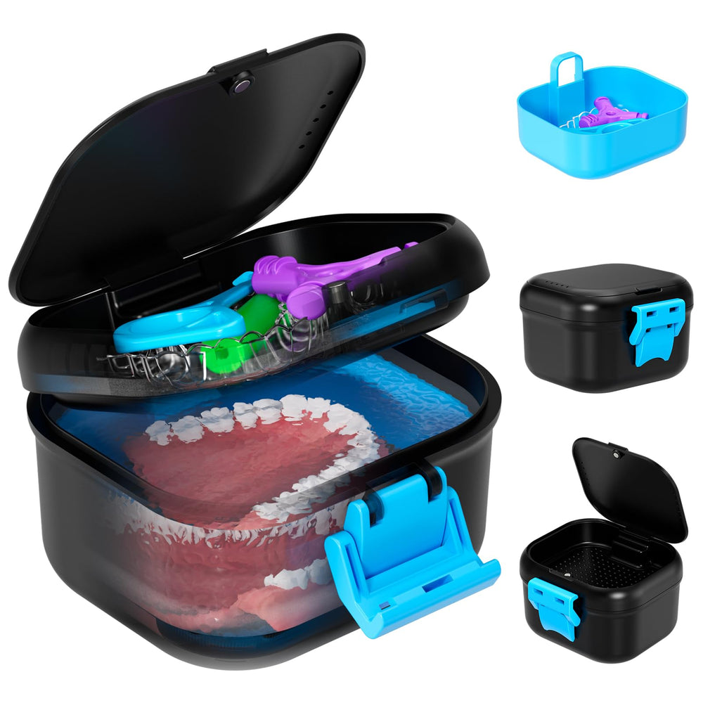 ANYLEY leak-proof denture cup in black and blue