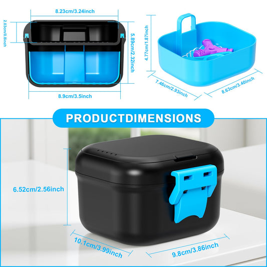 Interior view of denture case showing detachable soaking basket