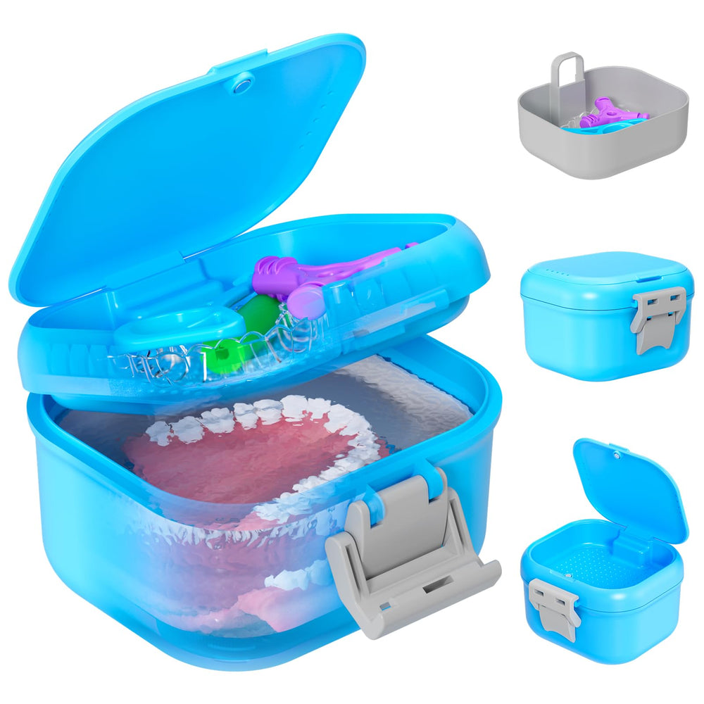 ANYLEY leak-proof denture case front view in sky blue and silver gray
