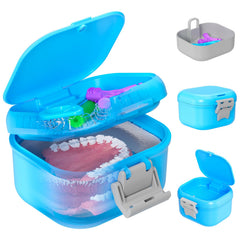 ANYLEY leak-proof denture case front view in sky blue and silver gray