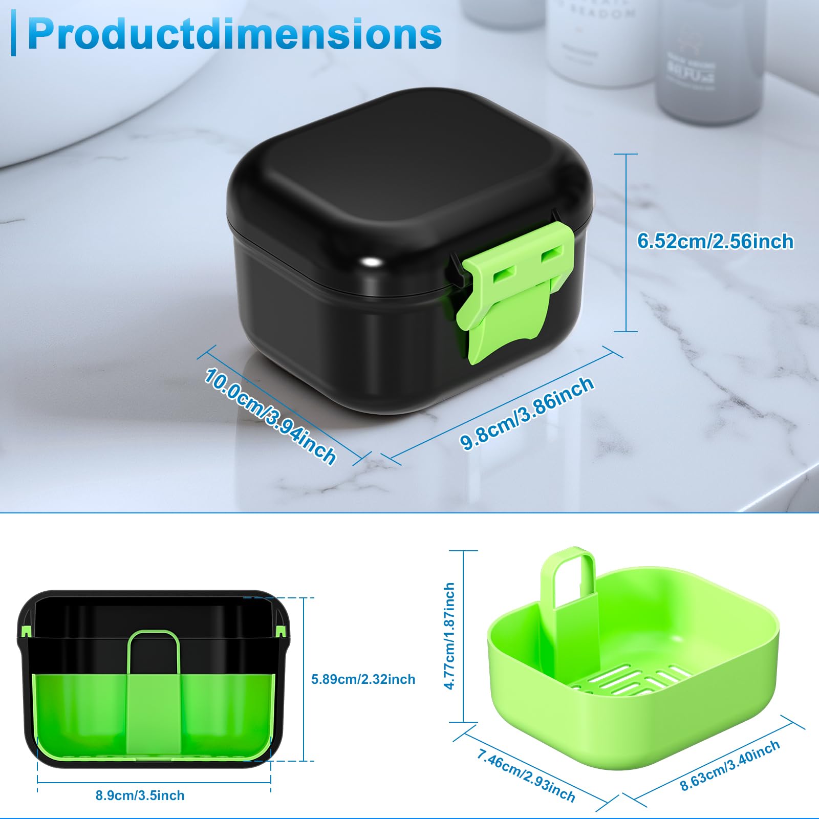 ANYLEY denture case with lid open showing detachable soaking basket