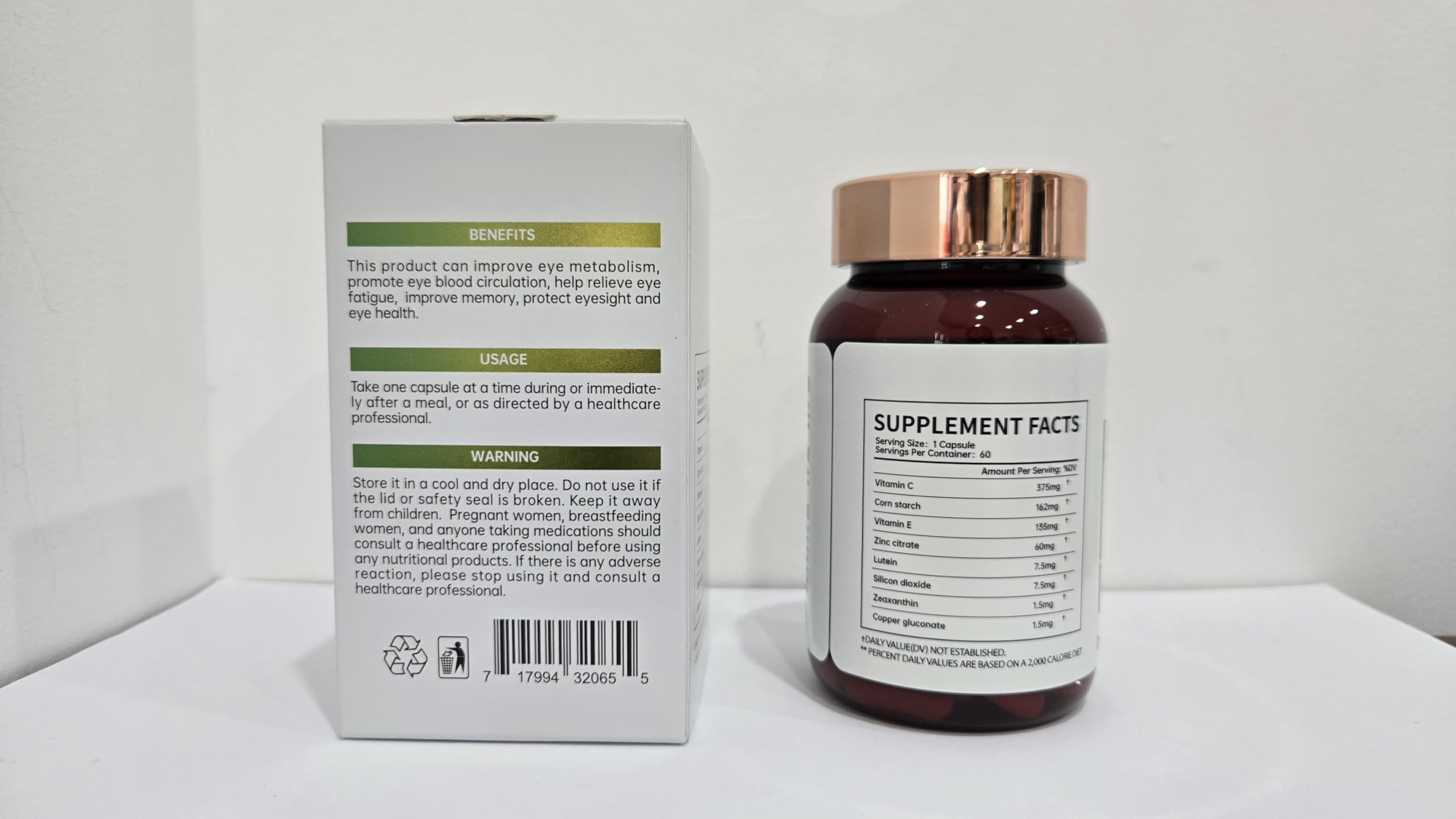Nutrients diagram featuring lutein, zeaxanthin, zinc, vitamins C & E