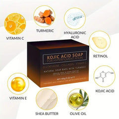 Close-up of AOJUIGO turmeric soap bar showing texture and ingredients