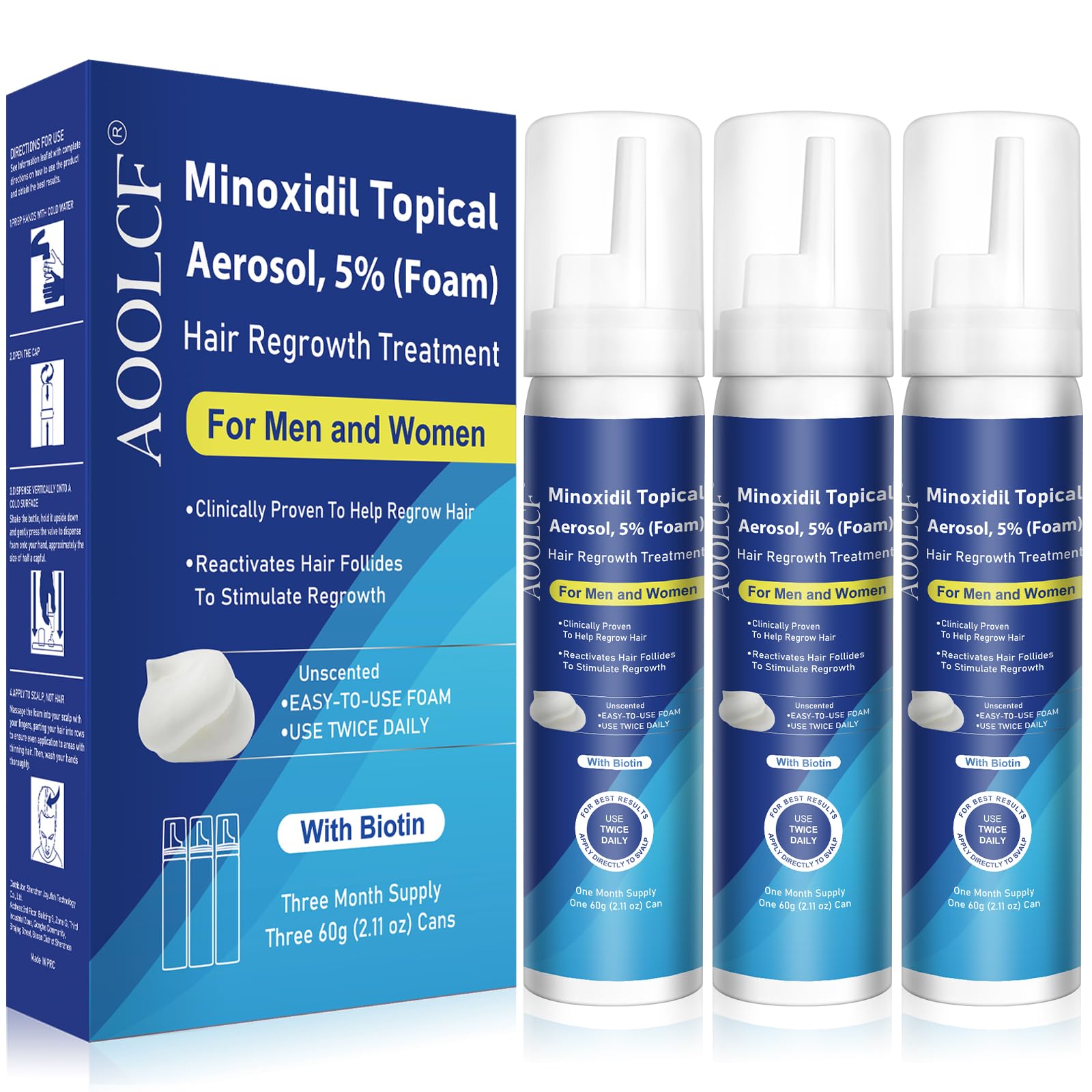 AOOLCF Minoxidil Foam bottle front displaying the 3-month supply for hair growth support