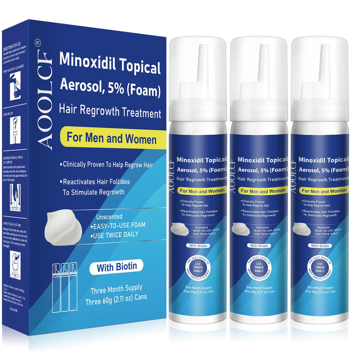 AOOLCF Minoxidil Foam bottle front displaying the 3-month supply for hair growth support