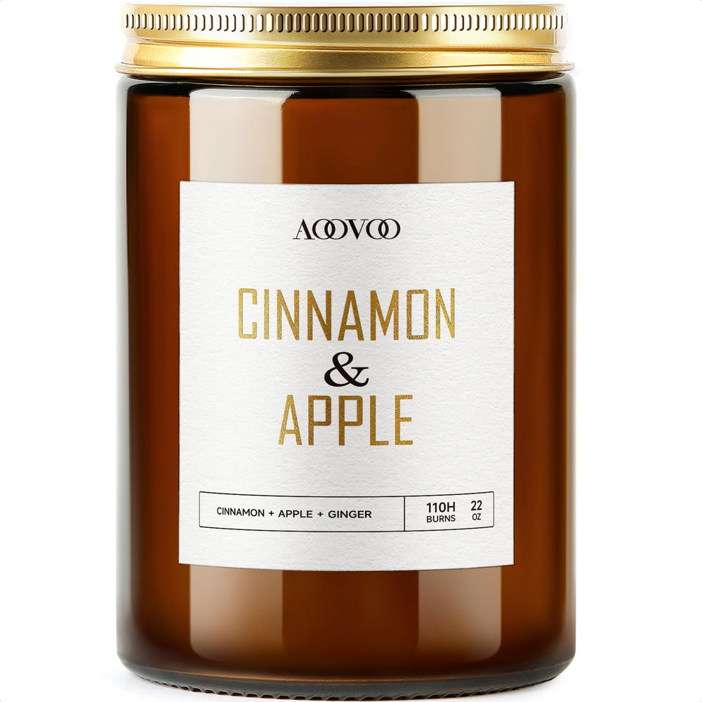 AOOVOO jar front view showing apple cinnamon scent and elegant gold text benefit: decorative display