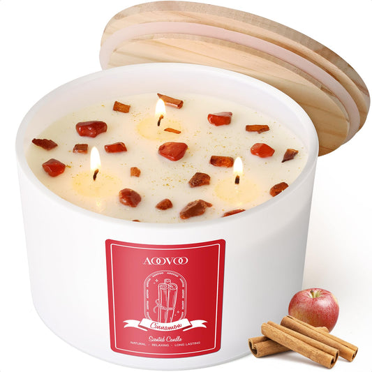 AOOVOO candle front packaging showing apple cinnamon design and brand benefit of premium scent